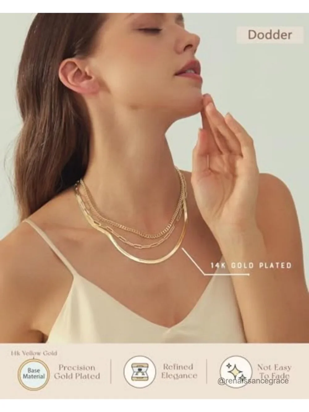14K Gold Plated Layered Necklace Set for Women - Herringbone, Paperclip, Cuban